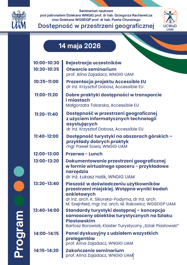 Plakat reklamujący Seminarium naukowe 
            Dostępność przestrzeni geograficznej