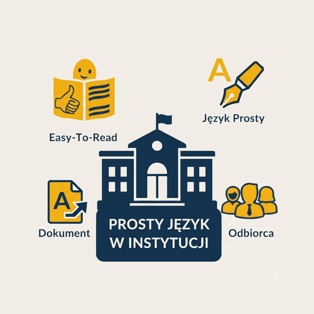 W centrum znajduje się ikona budynku instytucji publicznej z flagą, a pod nią napis: „PROSTY JĘZYK W INSTYTUCJI”. Wokół budynku umieszczono cztery ikony z podpisami: w lewym dolnym „Dokument” (plik z literą A i strzałką), w lewym górnym rogu „Easy-To-Read” (postać z otwartą książka i kciukiem wystawionym do góry na znak OK), w prawym górnym rogu „Język Prosty” (pióro z literą A),) oraz w prawym dolnym rogu „Odbiorca” (sylwetki trzech osób).