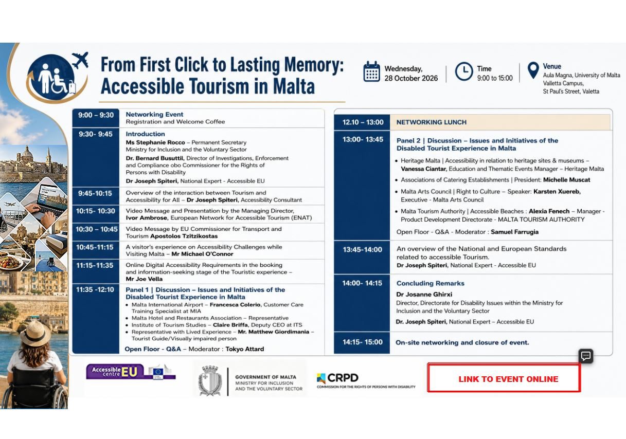 Program wydarzenia „From First Click to Lasting Memory: Accessible Tourism in Malta”, 28 października 2026, godz. 9:00–15:00, Aula Magna, University of Malta, Valletta; pełny program znajduje się powyżej w treści artykułu.