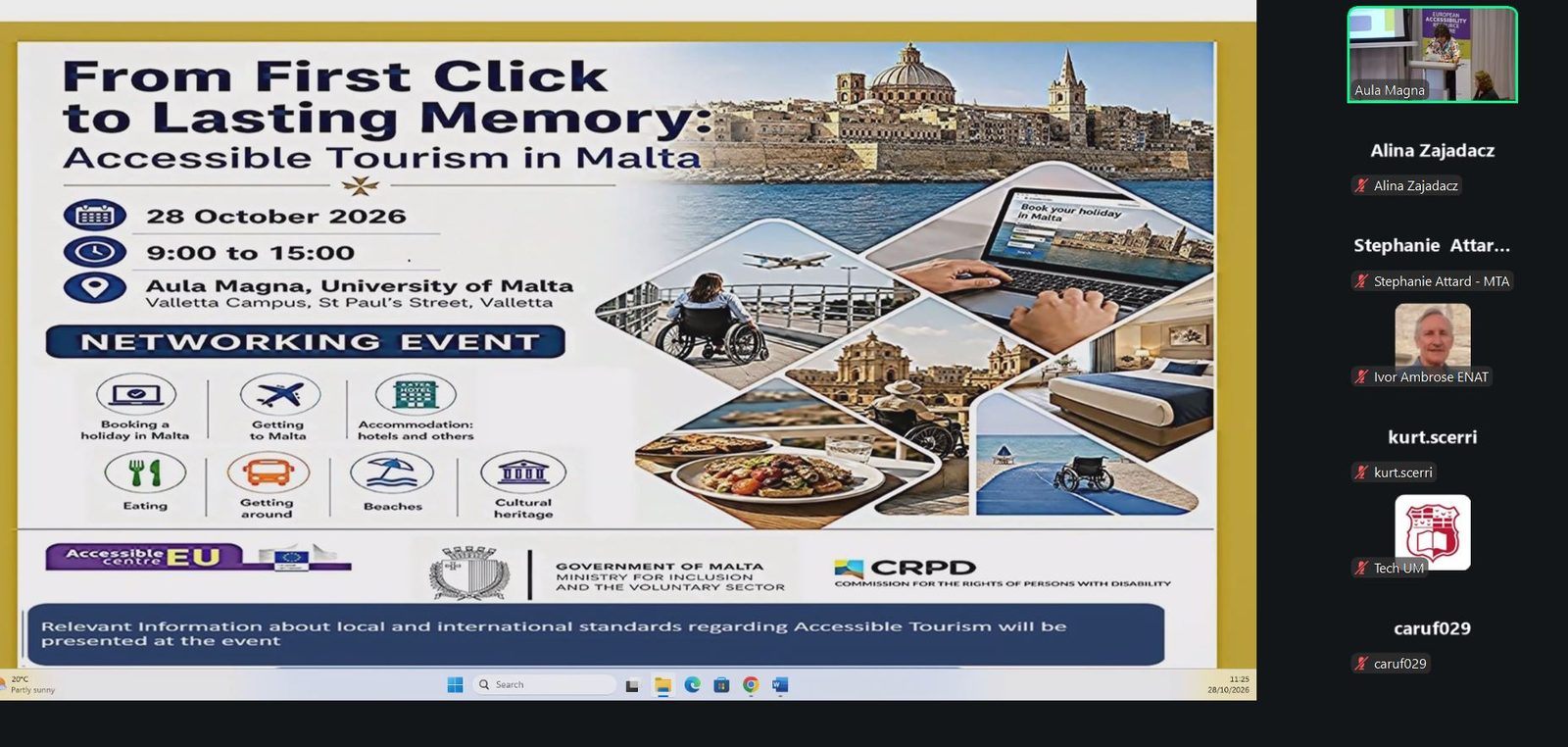 Zrzut ekranu z połączenia online: wyświetlana grafika wydarzenia „From First Click to Lasting Memory: Accessible Tourism in Malta” z datą 28 października 2026, miejscem i tematami, m.in. rezerwacja, dojazd, noclegi, plaże i dziedzictwo kulturowe.