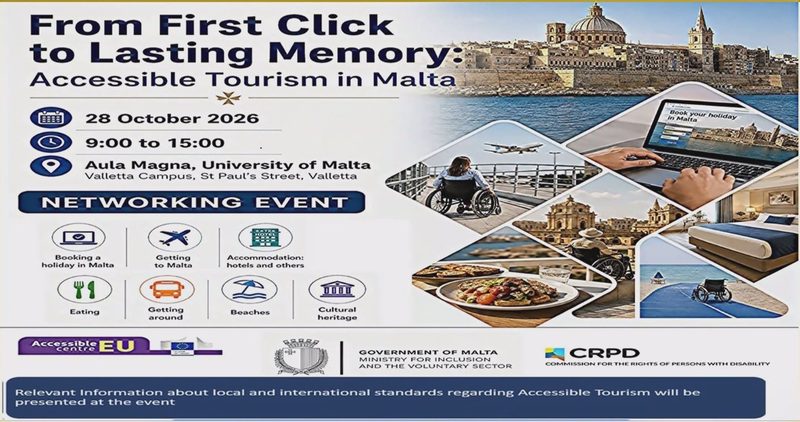 Grafika wydarzenia „From First Click to Lasting Memory: Accessible Tourism in Malta”: 28 października 2026, godz. 9:00–15:00, Aula Magna, University of Malta, Valletta; obok zdjęcia Valletty i osób na wózkach.
